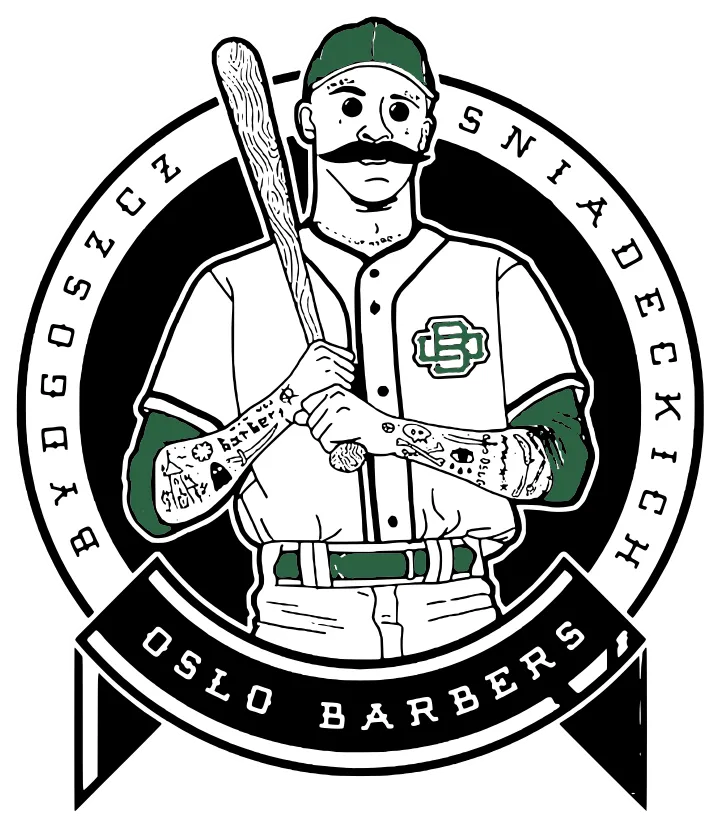 Badge OSLO BARBERS: wąsaty baseballista z wytatuowanymi przedramionami